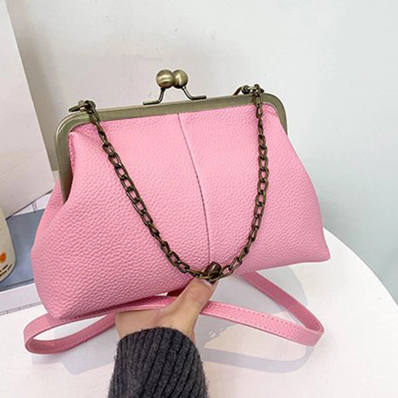 Vintage Soft Skin Shell Bag New Lychee Pattern Handbag Simple And Versatile Shoulder Bag Clip Chain Crossbody Women's Bag