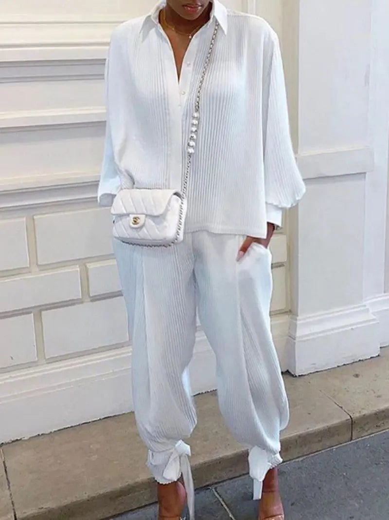 Classic Solid Shirt Pants Set Women Casual Loose Long Sleeved Lapel Elastic Waist Two Piece Suit 2025 New Summer Street Outfit