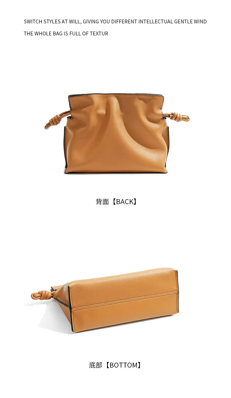 Classic Flamenco Lucky Bag, Genuine Leather Cloud Bag with Drawstring, Shoulder Bucket Bag for Women, Autumn and Winter