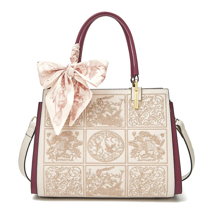 FOXER Split Leather 2025 Autumn Winter New Large Tote Handbag Women's Shoulder Bag Chinese Classic Embroidery Best Gift for Mom