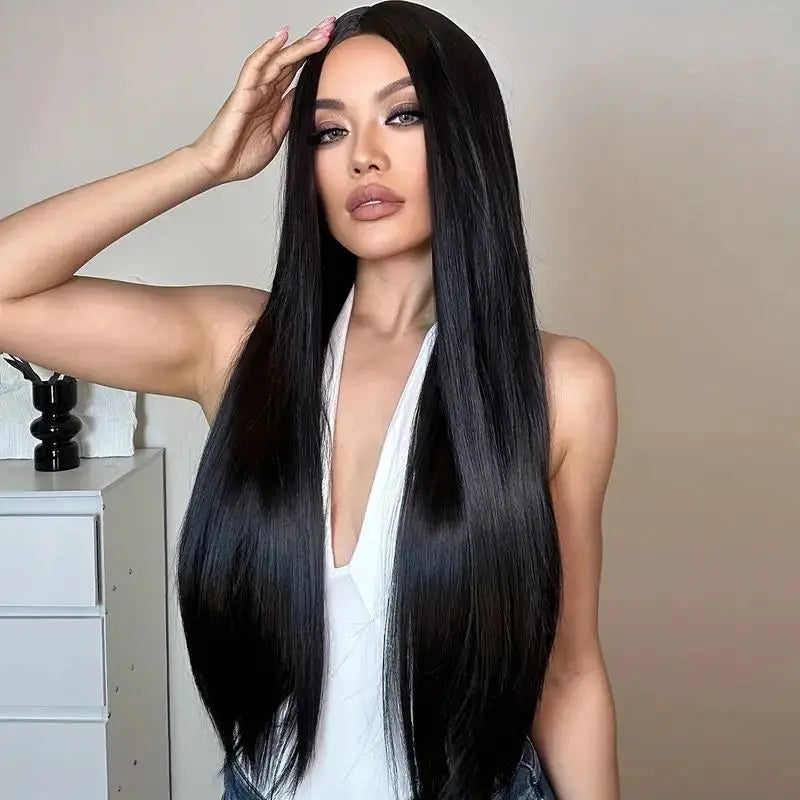 Synthetic Wig For Lady With Long Straight Hair, Parting With Bangs. Natural Synthetic Fabric Matte Finish Full Head Cover.