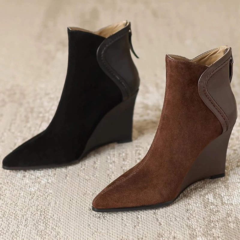 Wedges Women's Ankle Boots Pointed Toe Fashion Shoes Designer Suede Winter Boots 2025 High Heels Dress Luxury Botas Para Mujer
