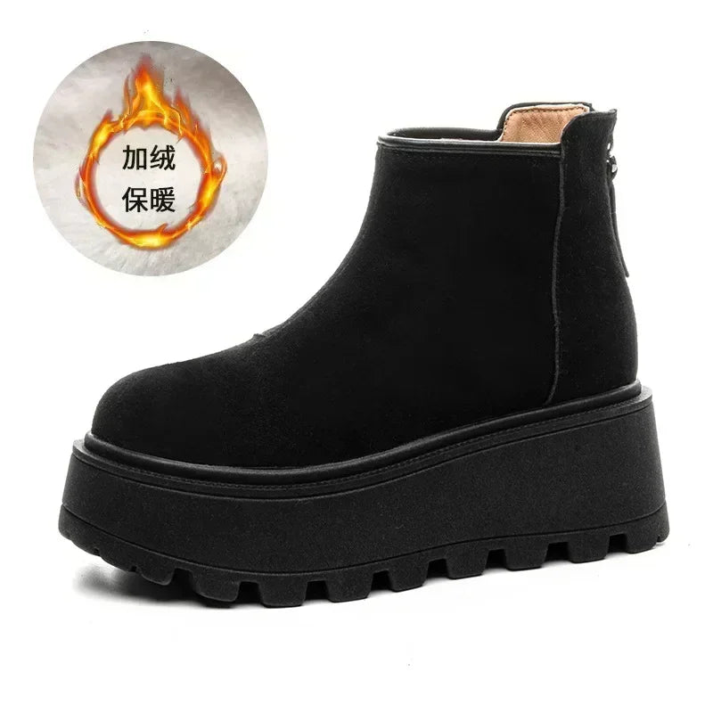 Fujin 7cm Suede Cow Genuine Leather Snow Boots Women Ankle Booties Platform Wedge Winter Plush Chelsea Boots Shoes for Women