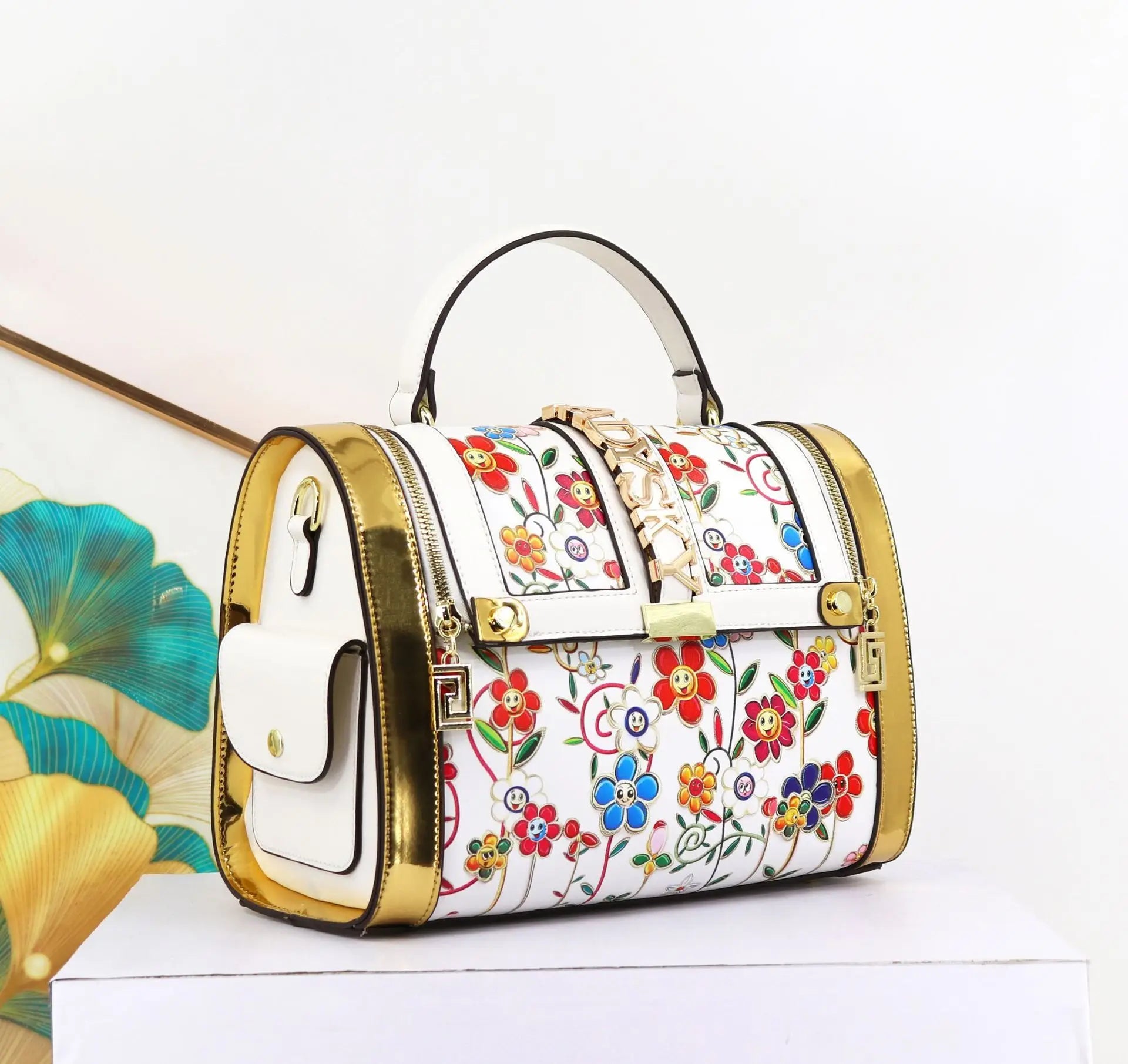 Women Boston Bag Printed Pattern Handbag Large Capacity Shoulder Crossbody Bag Double Zipper Half Cover Style Top Top Handle Bag