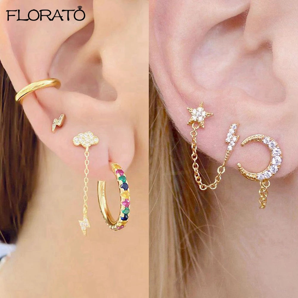 925 Sterling Silver Needle Lightning Pendant Earrings Charming Pave Crystal Gold Hoop Earrings for Women Fashion Jewelry Gifts