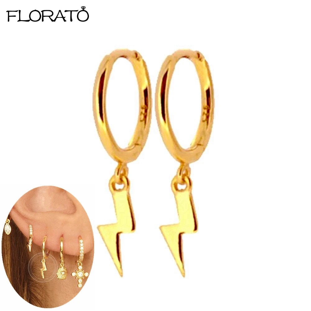 925 Sterling Silver Needle Lightning Pendant Earrings Charming Pave Crystal Gold Hoop Earrings for Women Fashion Jewelry Gifts