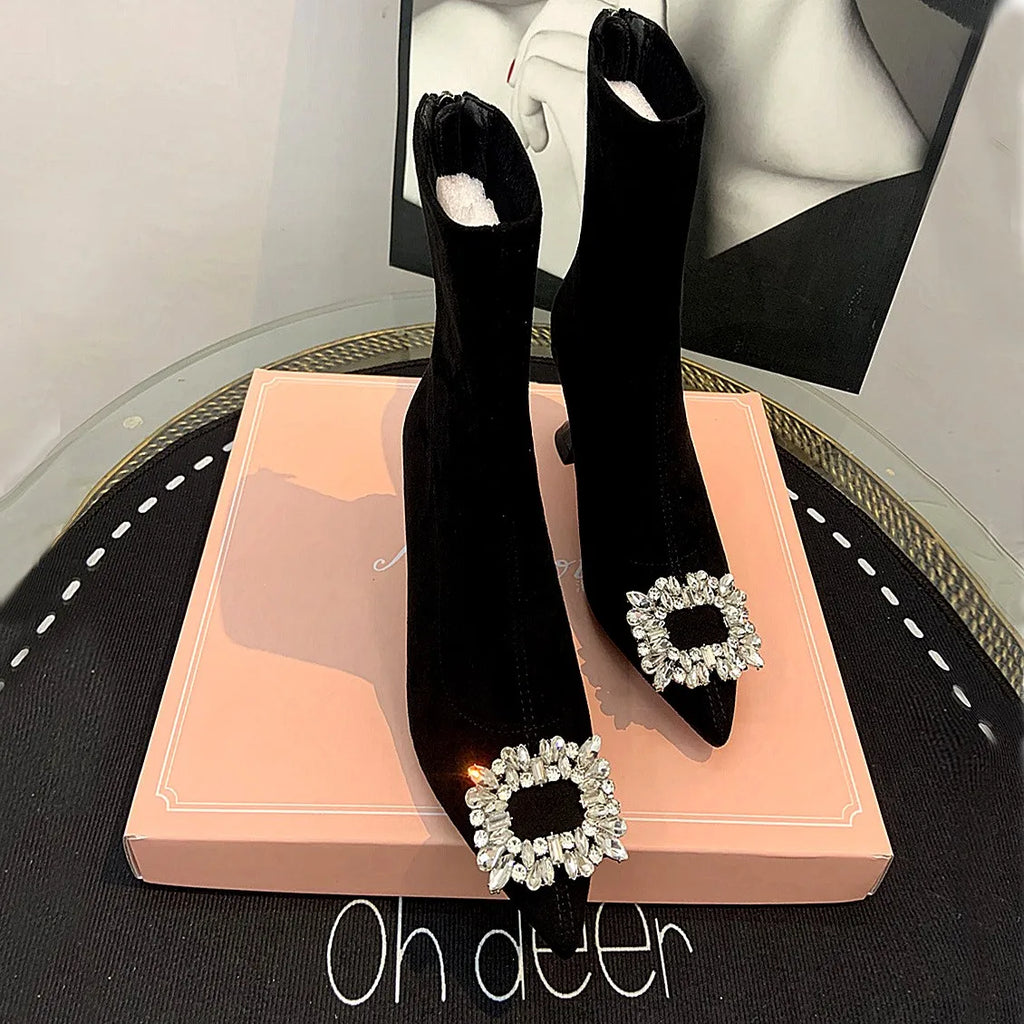 Ankle Boots Women Boots Women Shoes Woman Fashion High-heeled Pointed Flock Boots Spring Autumn Rhinestone Short Boots