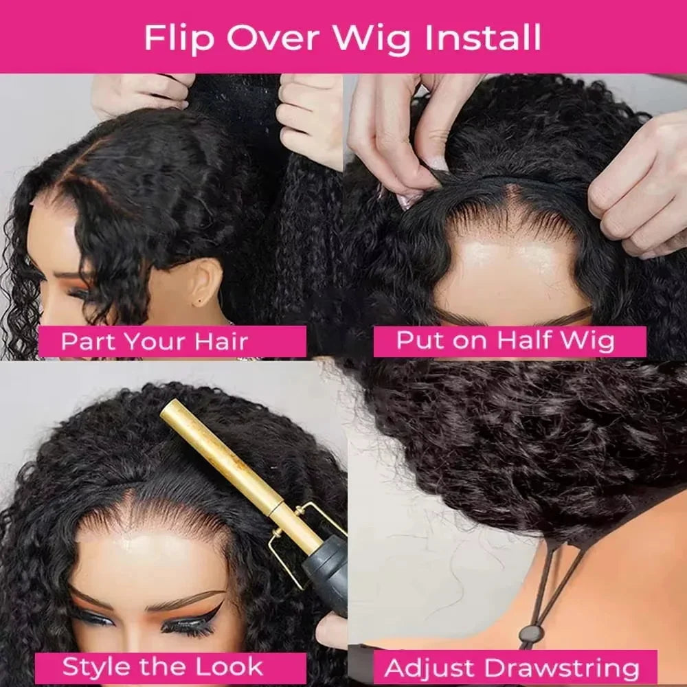 250% Glueless Wigs Human Hair Burmese Curly Headband Wig Upgrade 3 IN 1 Half Wig With Drawstring Seamless Clip Ins Flip Over