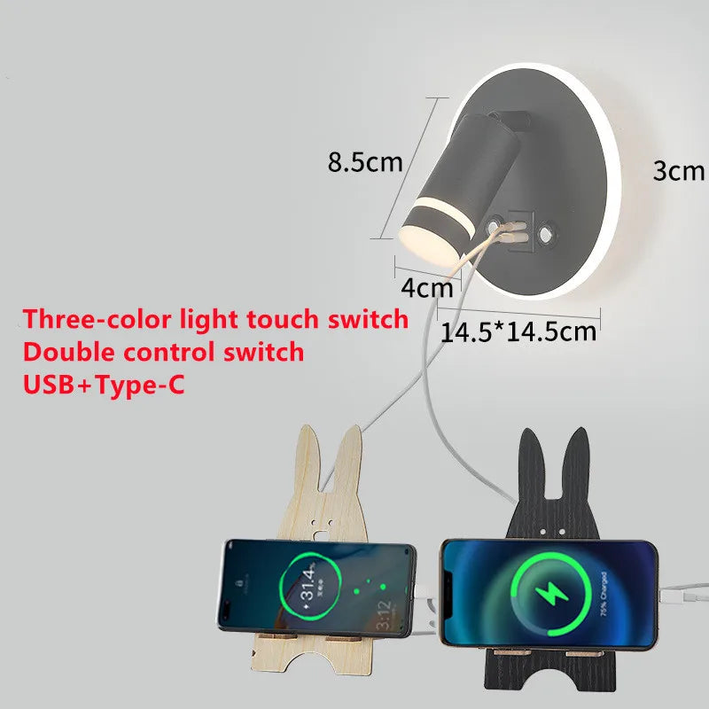 Wireless Charging Wall Lamp Bedroom Bedside USB Wall Light Rotatable Reading Lamp Study Room Switch Modern Multifunctional Hotel