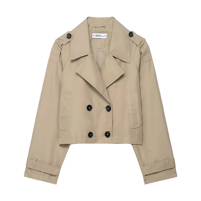 Women's Fashion Double Breasted Short Trench Coat Turn-down Collar Long Sleeve Coats Vintage Female Outerwear Chic Tops