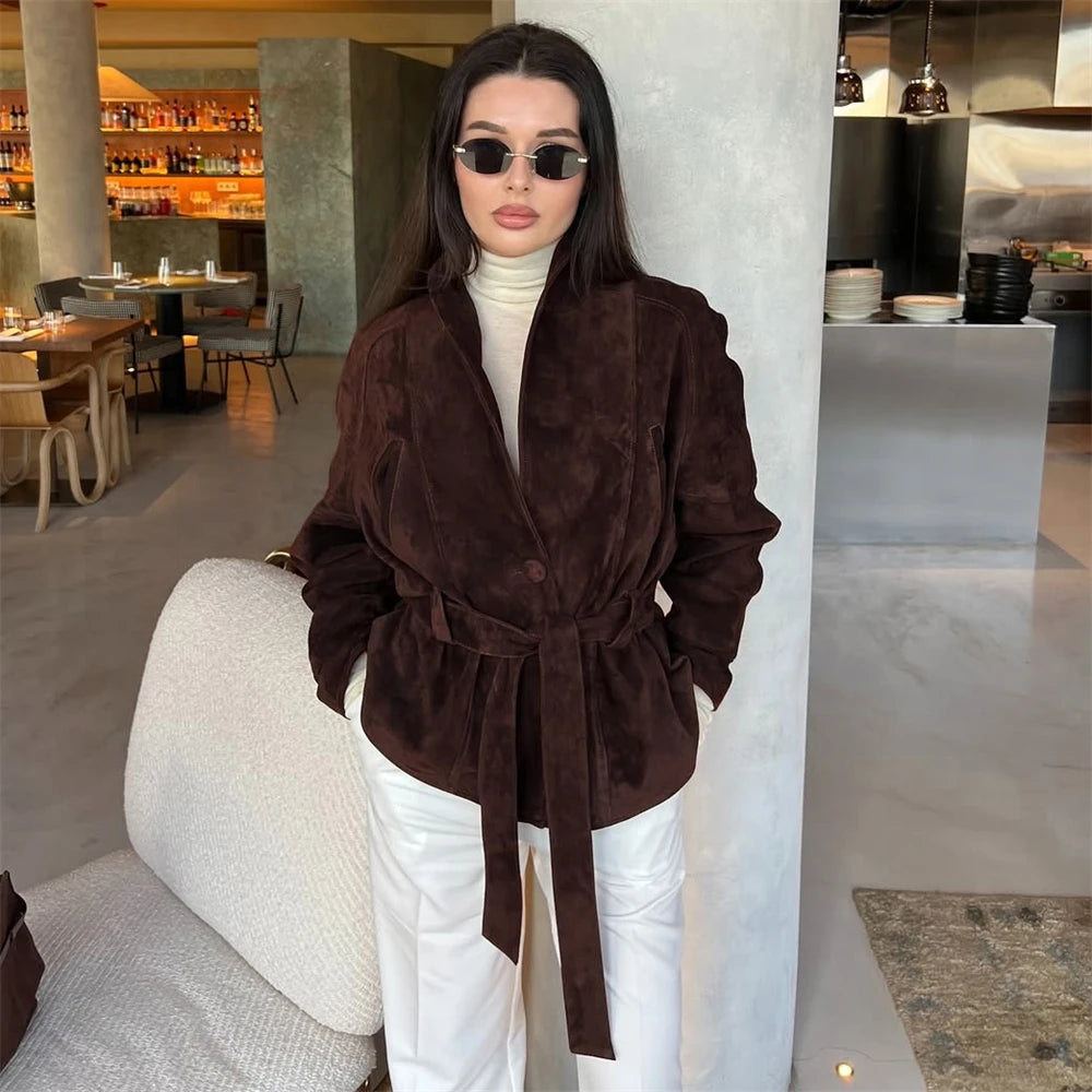 Tornova Retro Suede Long-sleeved Jacket Coat Female V neck Lace Up Jacket 2025 Autumn Winter New Commute Office Lady Outerwear