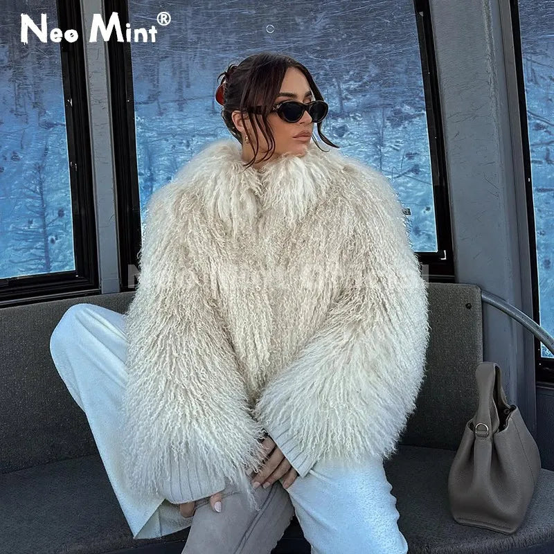Neo Mint Iconic Blogger Fashion Faux Mongolia Sheep Fur Coat Women 2025 Winter Fluffy Warm Fur Jacket Chic Street Girl Outerwear