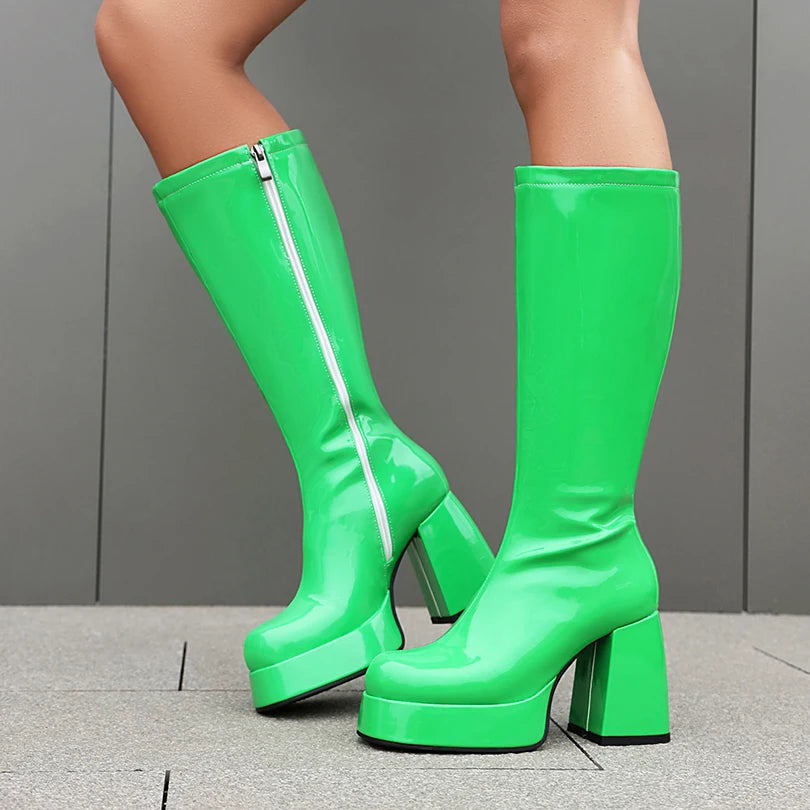 Plus Size Glossy Patent Leather Upper Square Toe Super Thick Heel Plush Lining Women's Knee Boots Platform Side Zipper Boots