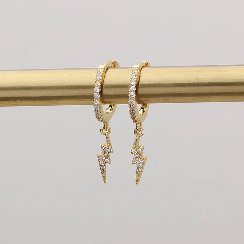 925 Sterling Silver Needle Lightning Pendant Earrings Charming Pave Crystal Gold Hoop Earrings for Women Fashion Jewelry Gifts