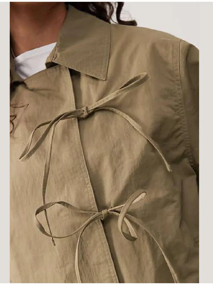 Stylish Cool Jackets Bow Tie Loose Lapel Pocket Coat Casual Vintage Women's Chic Versatile Outerwears Autumn Female Clothing