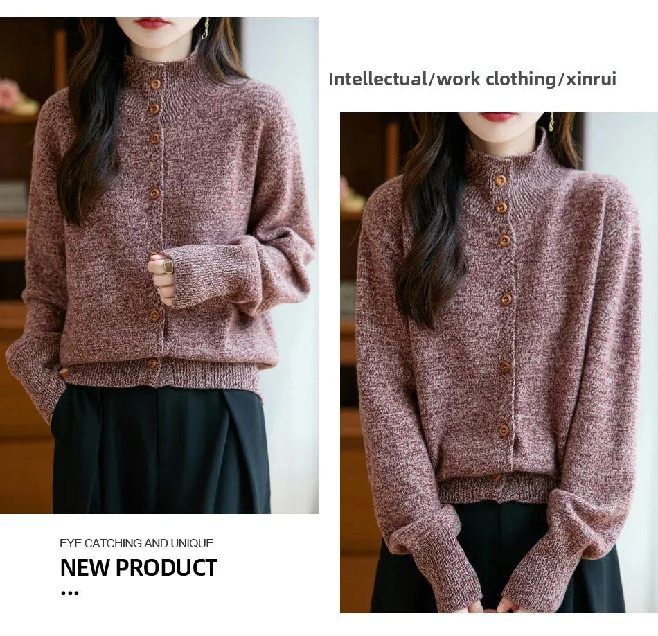 Pure Wool Thickened Knitted High Collar Sweater Coat for Women Winter Season Button up Cardigan Outerwear Floral Pattern