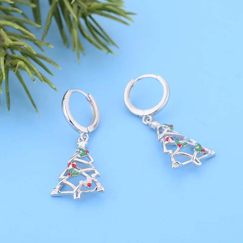 New 925 Sterling Silver Ear Needle Christmas tree/snowflake pendant Hoop Earrings For Women fashion Christmas gifts accessories