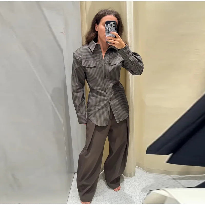 Vintage Stripe Shirt Pant Sets Women's Lapel Single-breasted Tops Front Pleated Trousers 2025 New Ladies Autumn Solid Streetwear