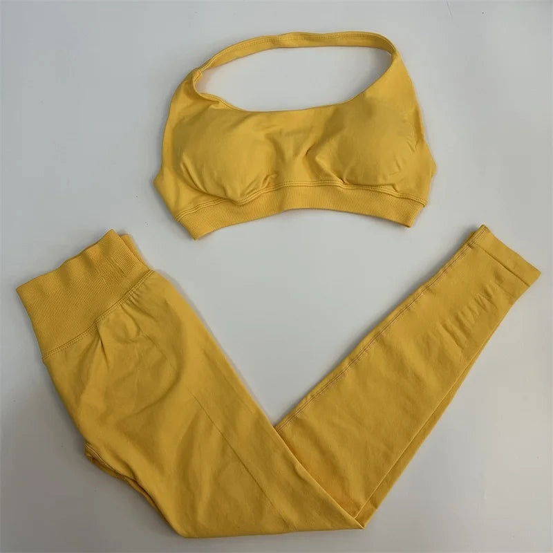 Ladies seamless yoga suit; two-piece fitness leggings; hip-lifting yoga pants set; gym sport suit; backless sports bra with