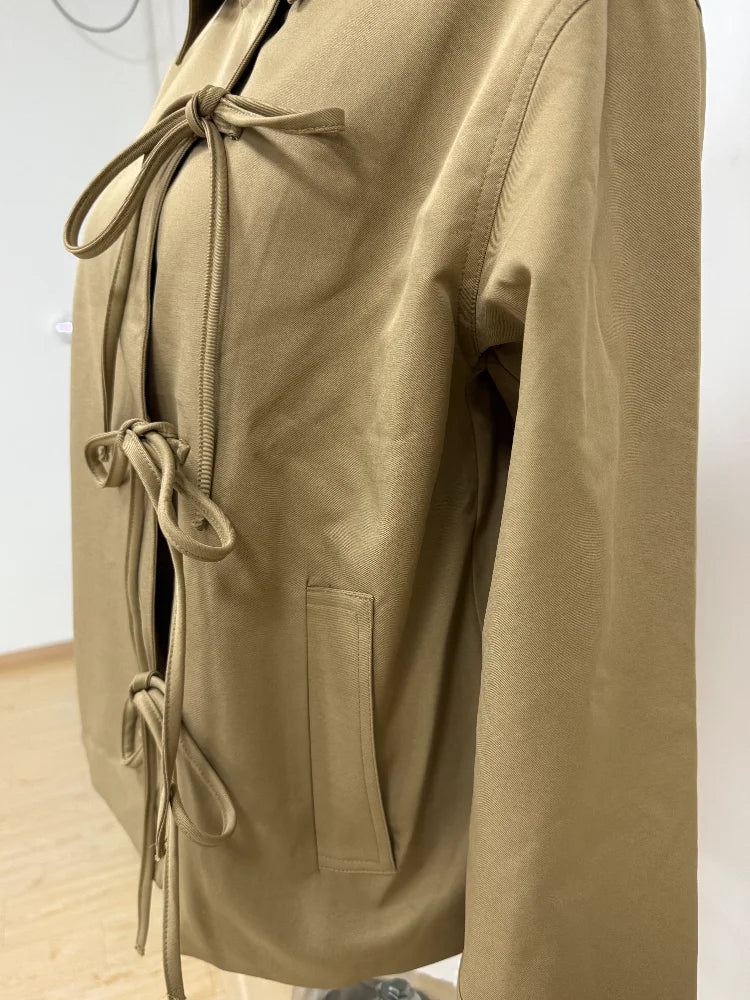 Stylish Cool Jackets Bow Tie Loose Lapel Pocket Coat Casual Vintage Women's Chic Versatile Outerwears Autumn Female Clothing