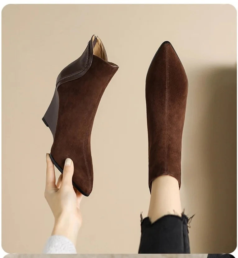 Wedges Women's Ankle Boots Pointed Toe Fashion Shoes Designer Suede Winter Boots 2025 High Heels Dress Luxury Botas Para Mujer