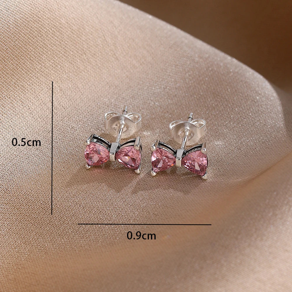 Original 925 Sterling Silver Colorful Bow Set Necklace Ring Earring Crystal For Women Valentine's Birthday Gift DIY Jewellery