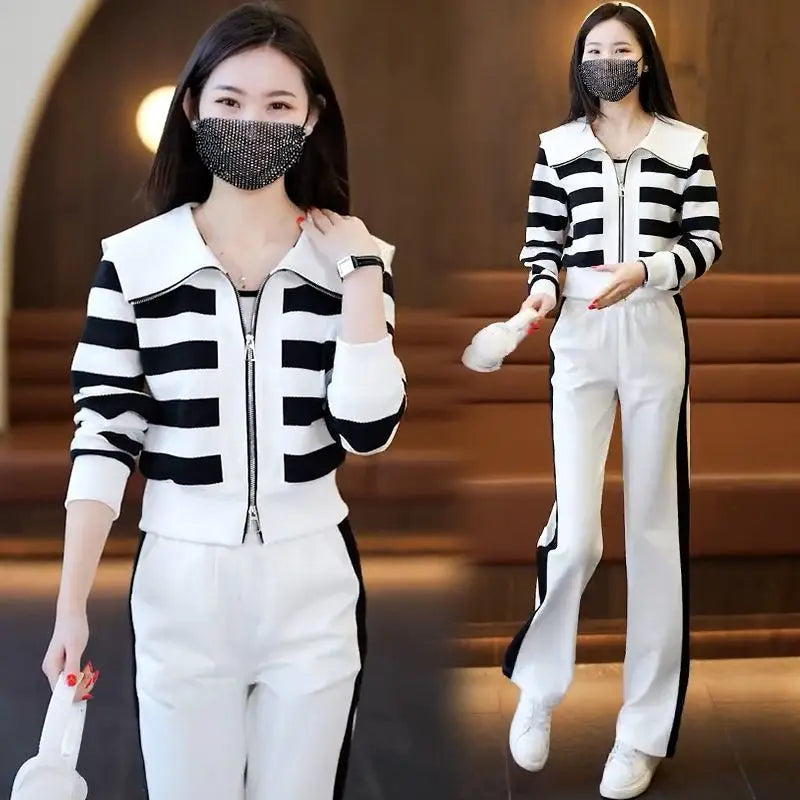 Women Clothing Pant Sets Striped Zipper Loose Tops & Comfortable Casual Pants Office Lady Fashion Commute Vintage Two-piece Set