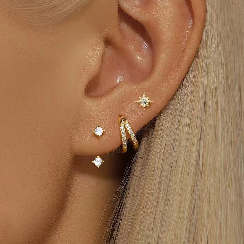 3PCS Trendy Double-layer Circle Cubic Zircon Star Hanging Earrings Set For Women Korean Fashion Jewelry pendientes mujer