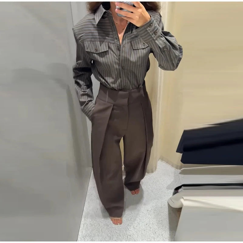 Vintage Stripe Shirt Pant Sets Women's Lapel Single-breasted Tops Front Pleated Trousers 2025 New Ladies Autumn Solid Streetwear