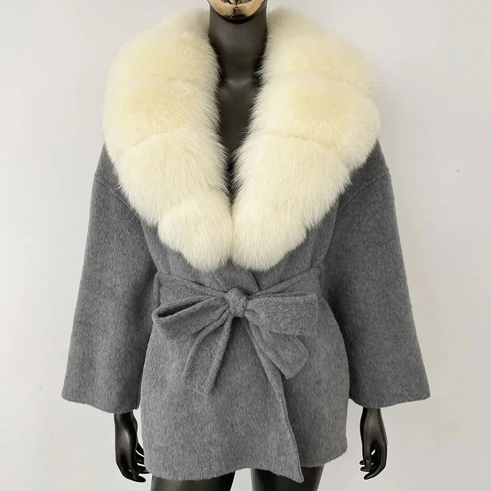 OFTBUY Real Raccoon Fox Fur Coat 2024 New Belt Pocket Winter Blends Wool Coat Women Loose Outerwear Fur Jacket Casual Streetwear