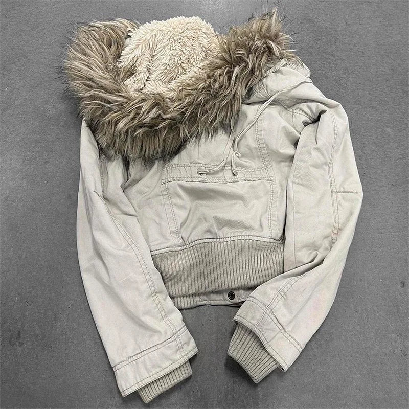 Original Vintage Design Sensation Beige Fur Collar Women's Jaet Autumn Winter High-End Feel ort Outerwear Cotton Blend