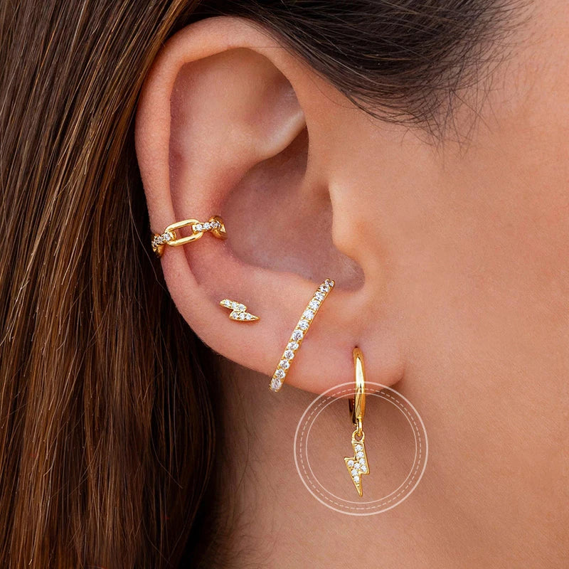 925 Sterling Silver Needle Lightning Pendant Earrings Charming Pave Crystal Gold Hoop Earrings for Women Fashion Jewelry Gifts