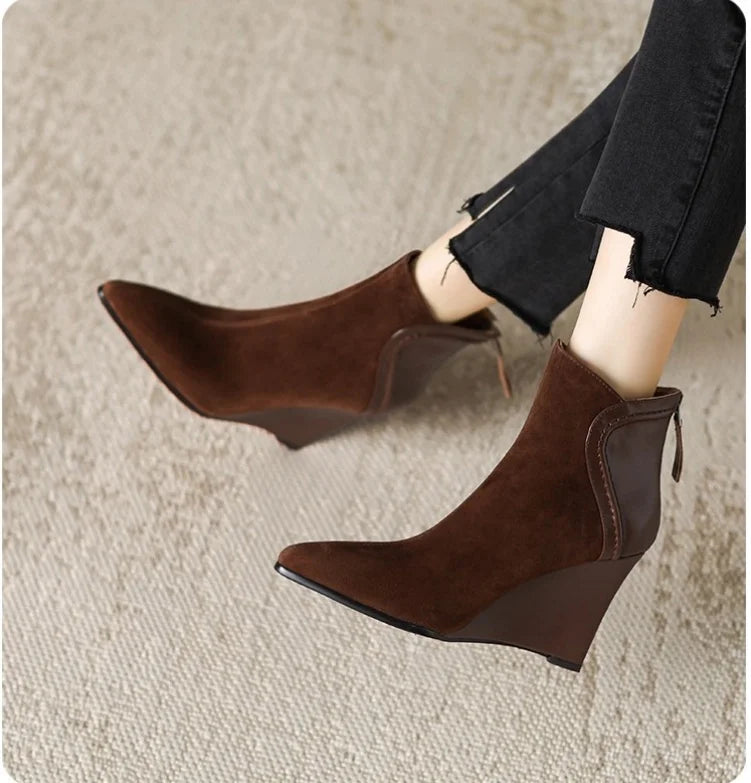 Wedges Women's Ankle Boots Pointed Toe Fashion Shoes Designer Suede Winter Boots 2025 High Heels Dress Luxury Botas Para Mujer
