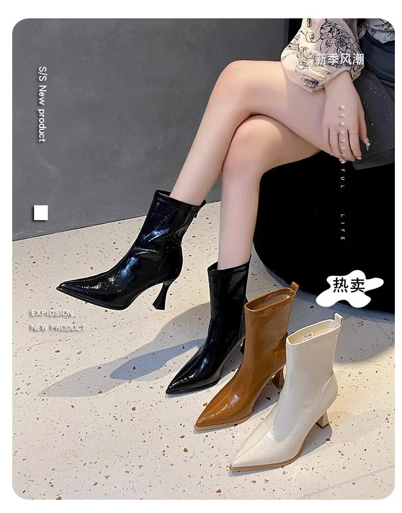 Pointed Toe High Heels Elegant Women Boots Chunky Leather Shoes 2025 Winter Fashion Pumps Chelsea Boots Dress Sexy Mujer Botas