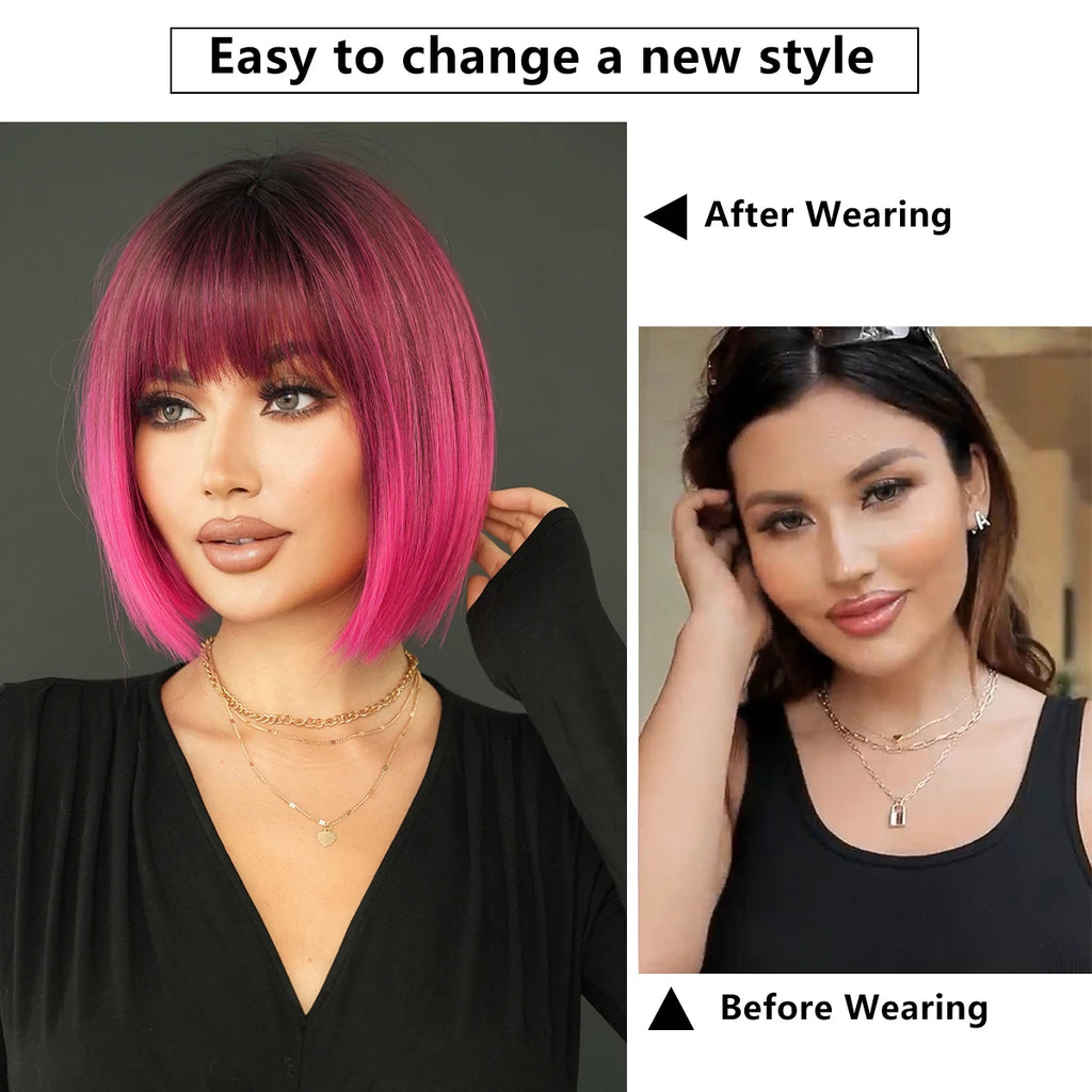 NAMM Rose Pink Short Wig for Women Daily Party Overhead Dyeing Black Natural Synthetic Lavender Heat Resistant Straight Wigs
