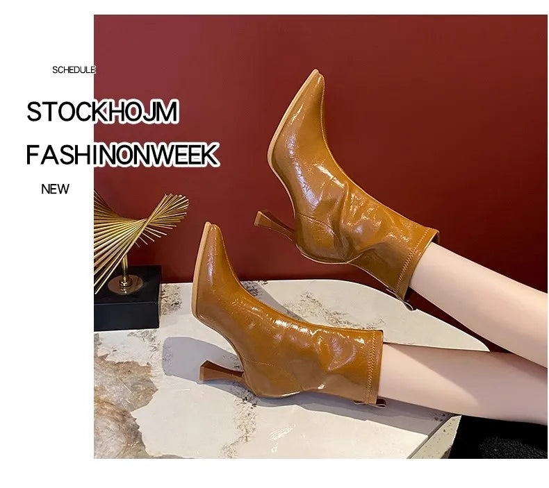 Pointed Toe High Heels Elegant Women Boots Chunky Leather Shoes 2025 Winter Fashion Pumps Chelsea Boots Dress Sexy Mujer Botas