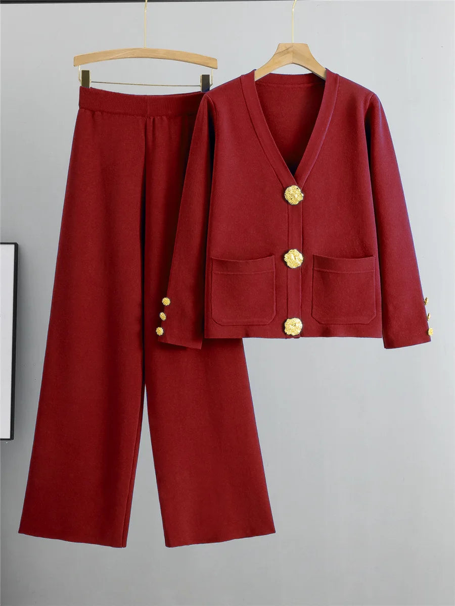 Women Elegant Knitted 2 Piece Sets Korean Knit Single Breasted Sweater Cardigan Tops Conjuntos High Waist Wide Leg Pants Outfit