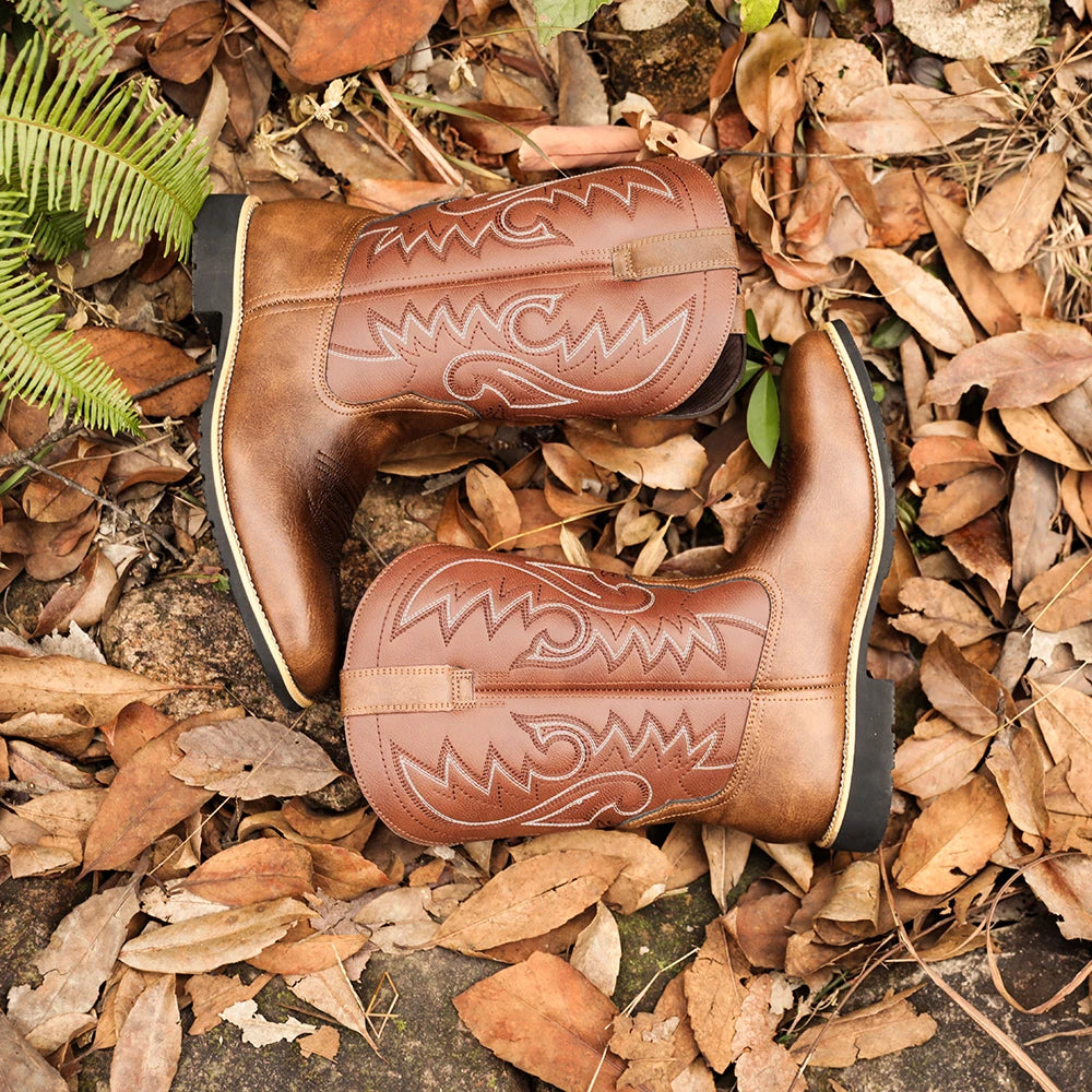 Men's creative pattern embroidered retro rope boots, wide-toed men's  cowboy boots, high-top riding