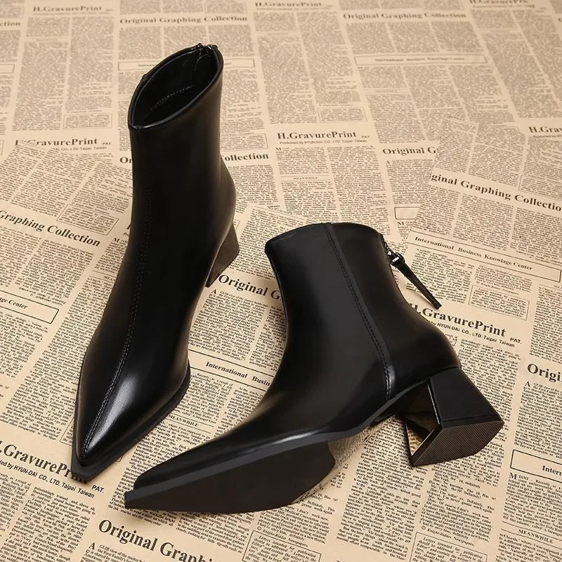 Women Artificial Leather Ankle Boots 2025 Autumn Fashion Square Heel Short Boot Ladies Casual Zipper Low Heel Shoes Botas Mujer