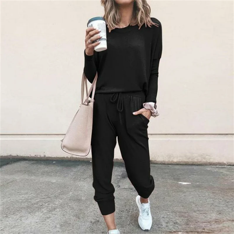 Hot Women's Long Sleeve Round Neck Top and Pants Set Simple Solid Colour Pajama Set Casual O Neck Two Piece Outfit