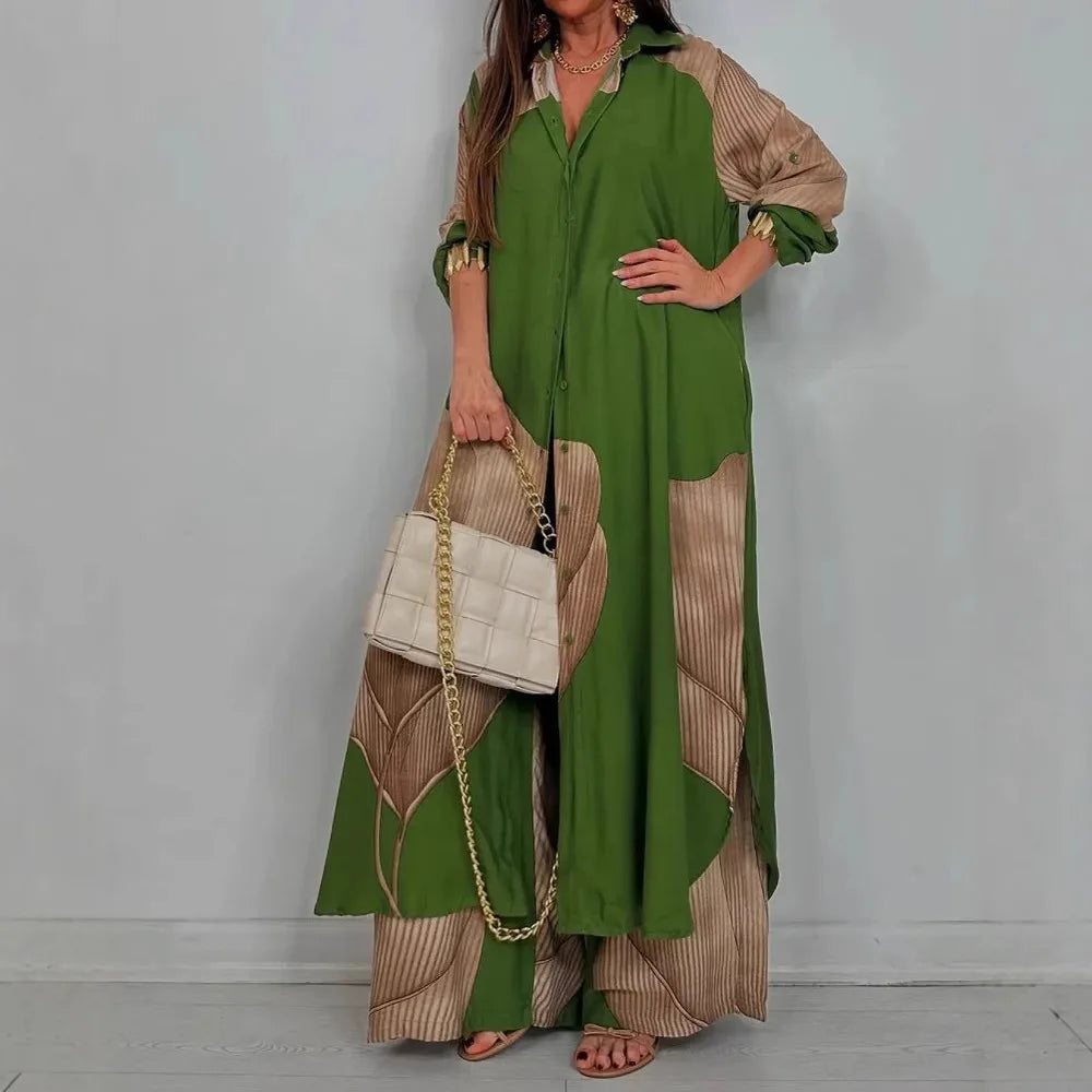 Women Pant Sets Print Long Shirts Two Piece Single Breasted T Shirt Fulls Sleeve Loose Elegant Wide Leg Pants Patchwork