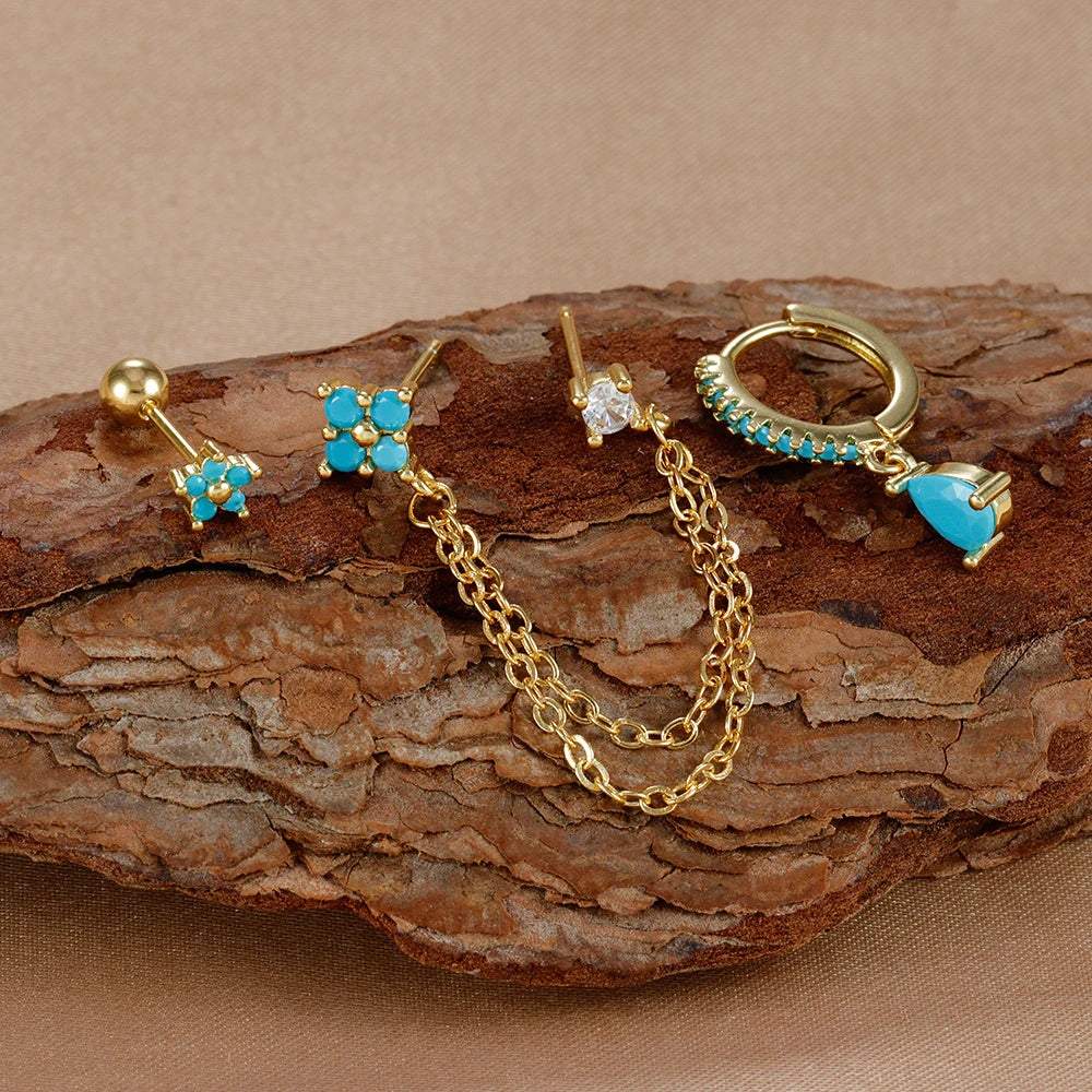 3PCS Set Stainless Steel Crystal CZ Butterfly Ear Stud Earring Gold Plated Pendant Water Drop Cartilage Earring Piercing Jewelry