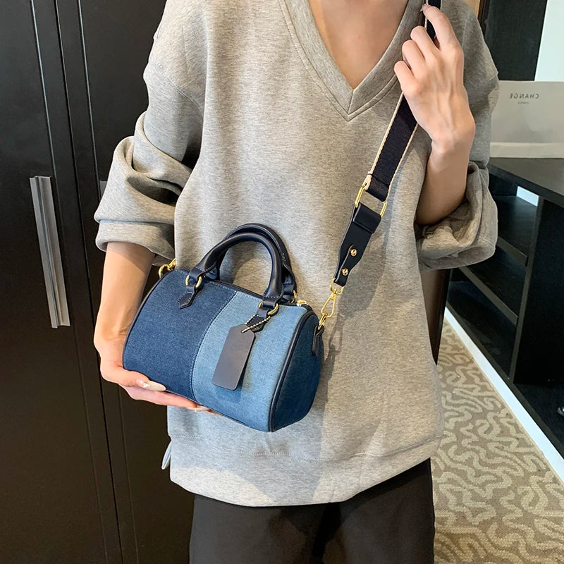 Patchwork Colorblock Mini Handbags For Women Denim Shoulder Cross Body Bags Casual Street Small Boston Bag 2024 Designer Purses