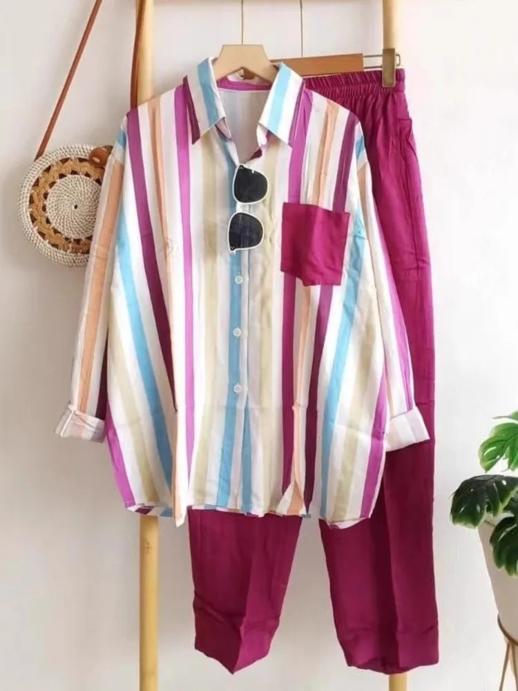 Plus Size Loose Casual Two Piece Sets Women 2025 Fashion Elegant Comfort Striped Long Sleeve Shirts And Long Pants Sportswear
