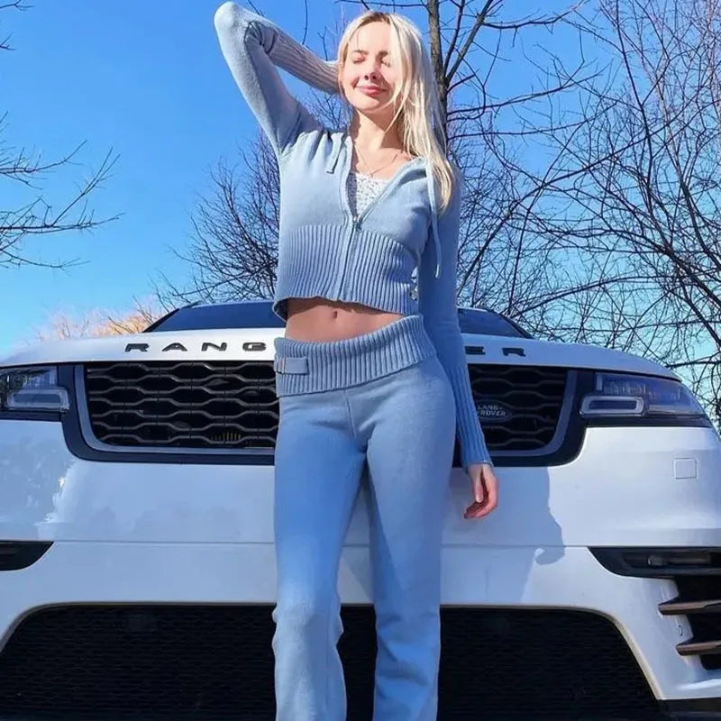 Apprabant Rib Knitted Two Piece Set Women Tracksuit Long Sleeve Zipper Hoodies Skinny Pants Sets Casual Solid Sweatshirt Suits