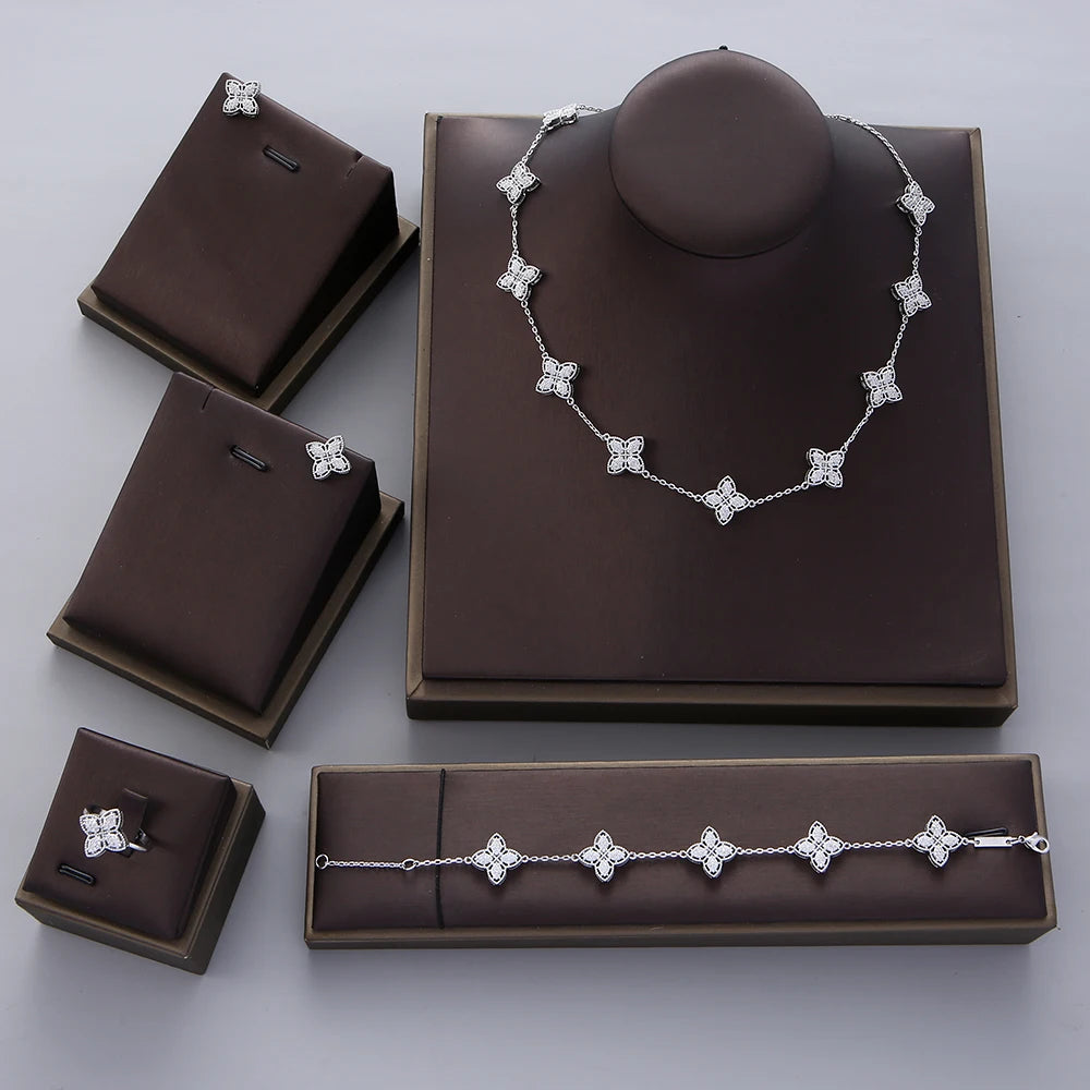 Luxury Flower Statement Necklace earring ring BraceletJewelry Set For Women Wedding Party Full Zircon Dubai Bridal jewelry N0555