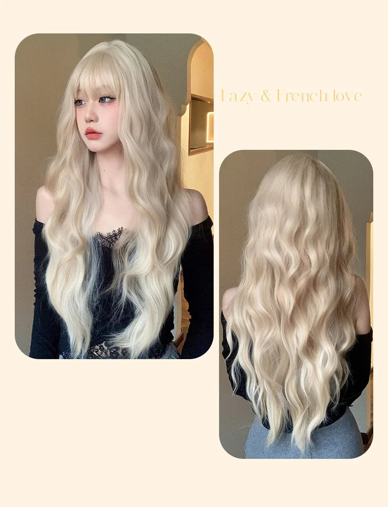 Platinum 613 Blonde Wig Long Wavy Synthetic Wig with Bangs Curly Mixed Golden for Women Cosplay Party Daily Use Heat Resistant