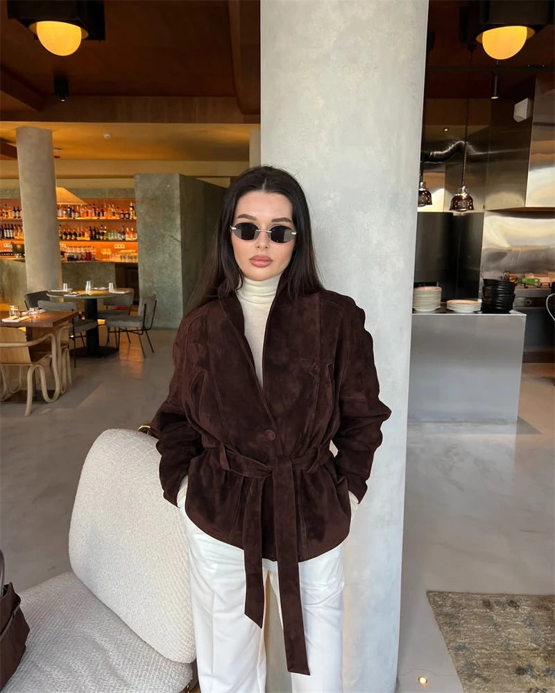 Tornova Retro Suede Long-sleeved Jacket Coat Female V neck Lace Up Jacket 2025 Autumn Winter New Commute Office Lady Outerwear