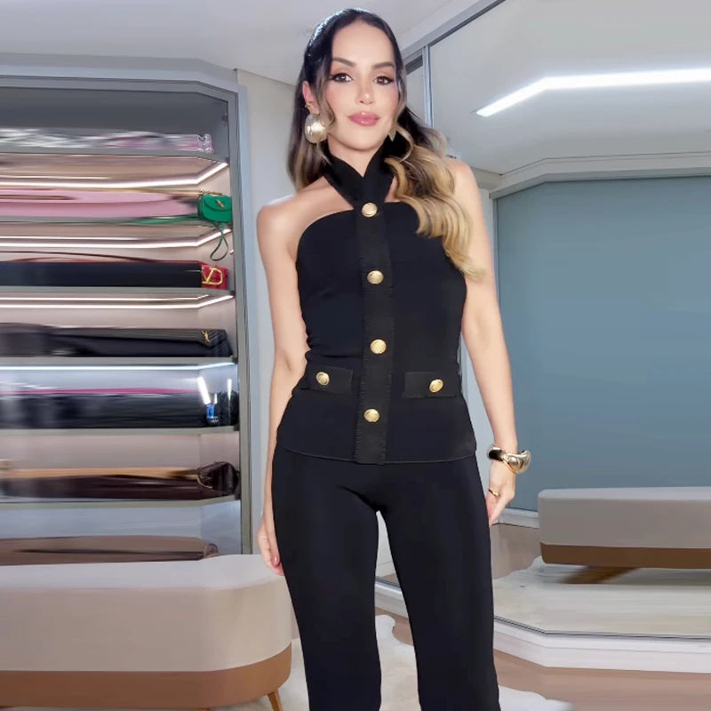 HXAO Black Flared Pant Sets Women's Two Pieces Set Button Halter Corset Top 2 Pieces Set Outfit High Waist Elastic Trousers Sets