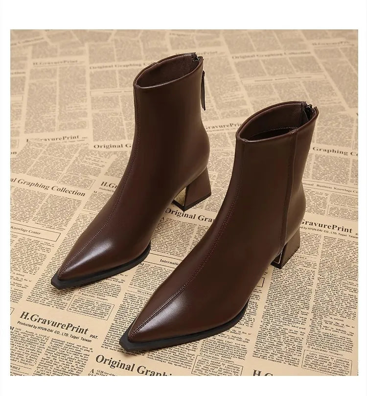 Women Artificial Leather Ankle Boots 2025 Autumn Fashion Square Heel Short Boot Ladies Casual Zipper Low Heel Shoes Botas Mujer